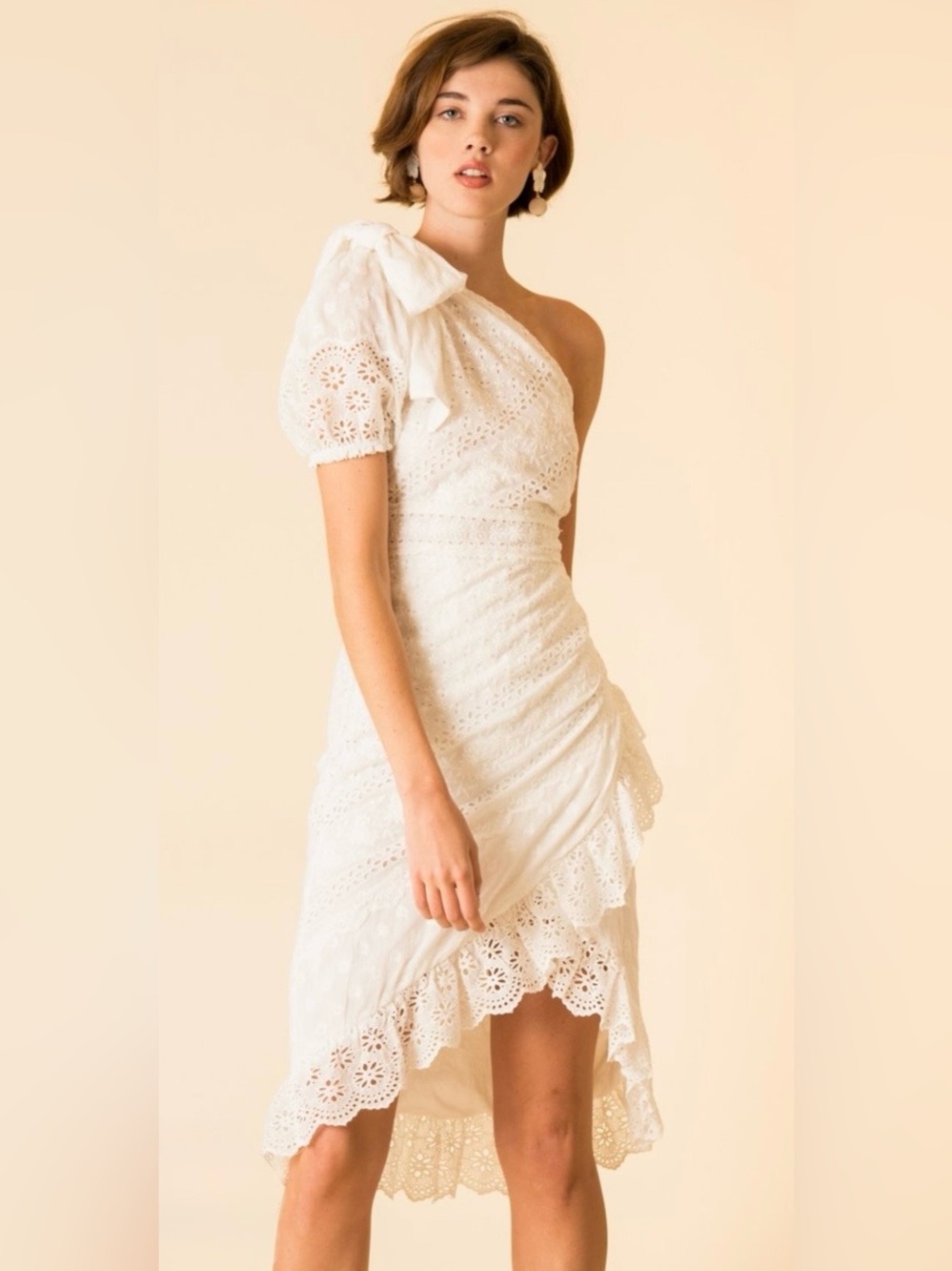 Ulla Johnson Cream One-Shoulder Eyelet Lace Midi Dress